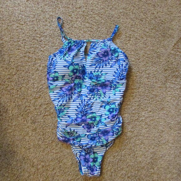 NWOT Sea & Sand 20 Blue White Purple Tropical Floral One-Pie Pad Bra Swimsuit - Picture 1 of 2